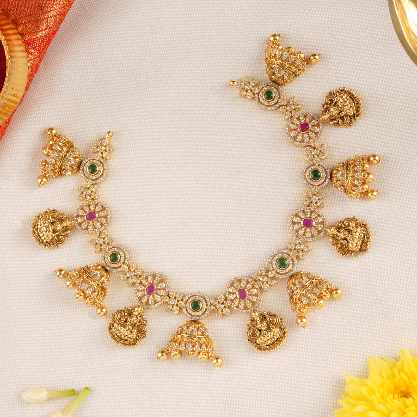 Floral Ruby with Lakshmi Drops Necklace