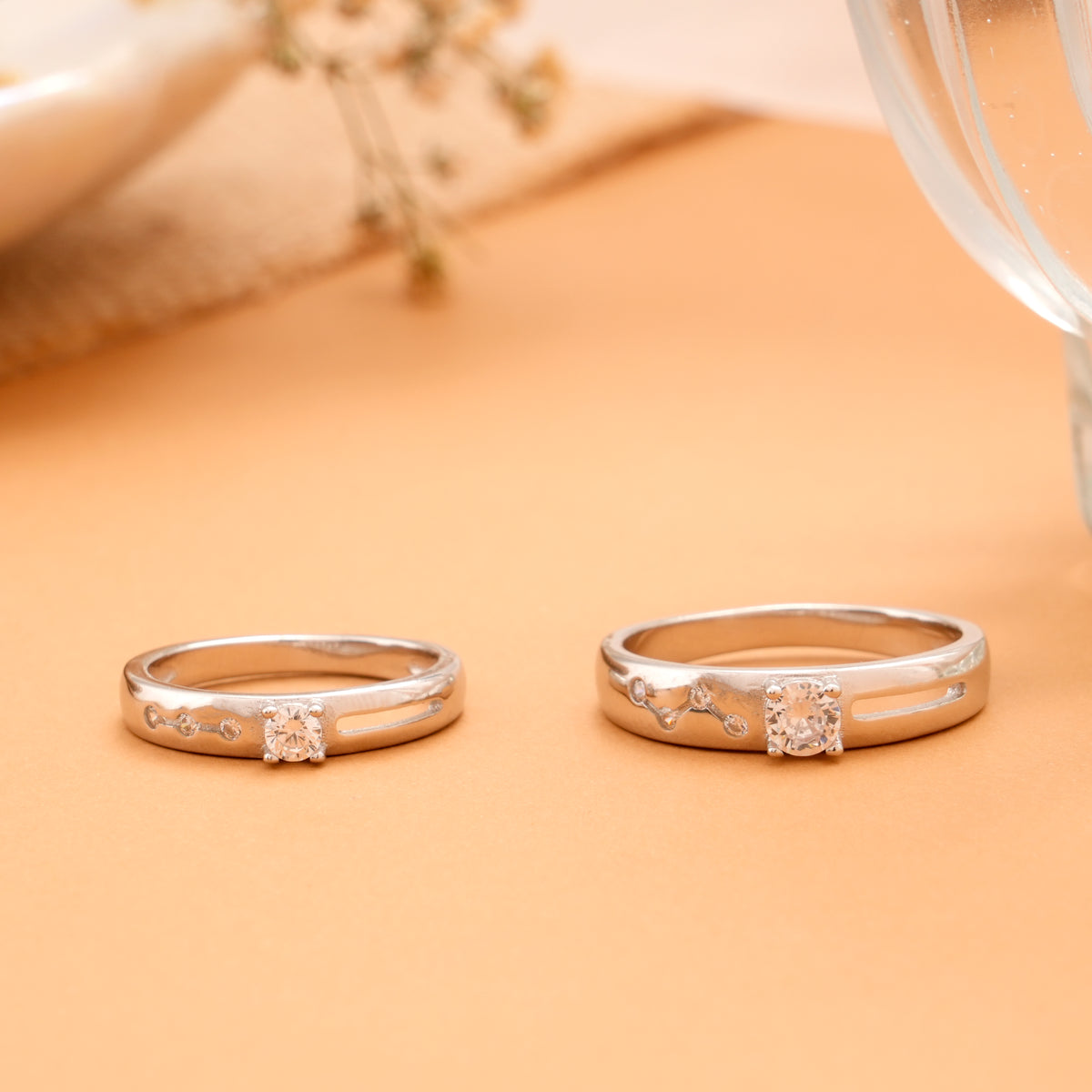 Elegant Radiant Single Stone Couples Silver Ring