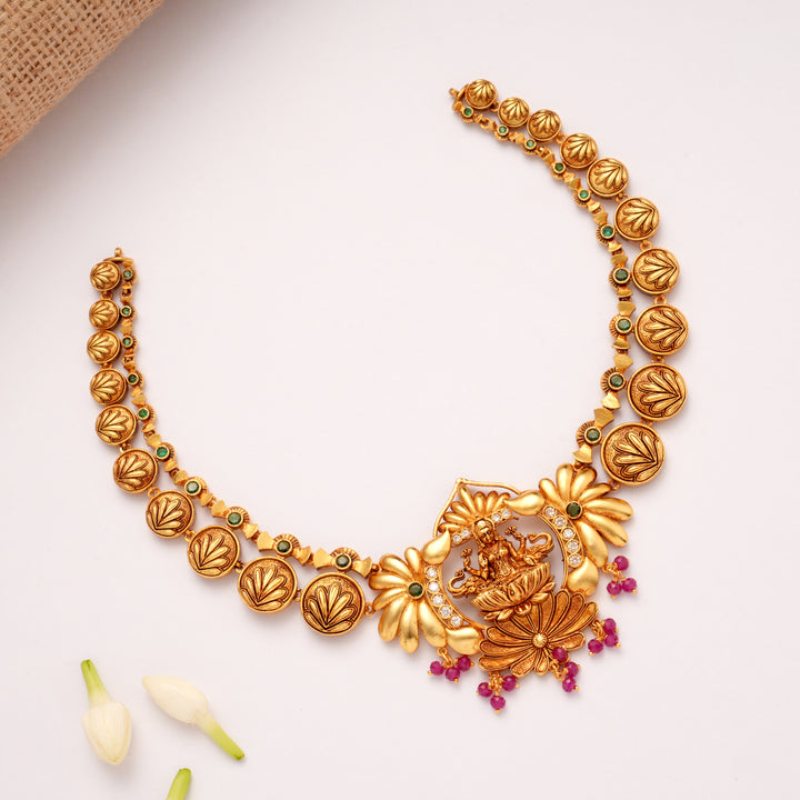 Elegant Blossom Floral Gaja Lakshmi Golden Necklace