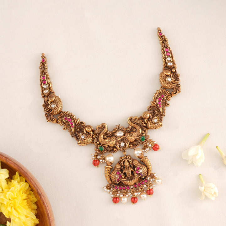 Temple Style Antique Coral Lakshmi Necklace