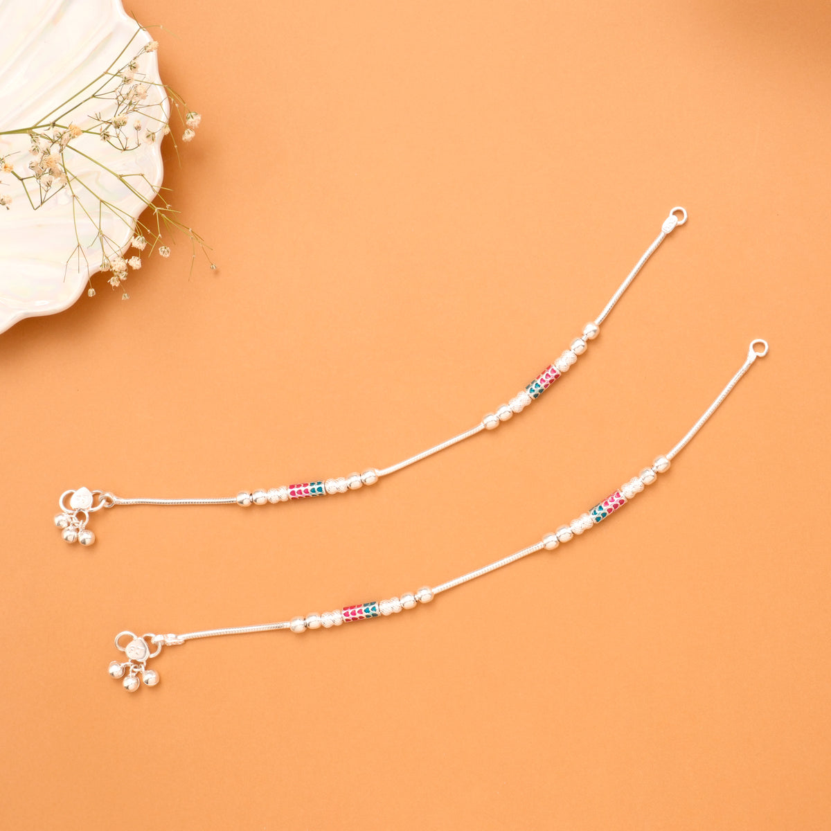 Green & Red Enamel Silver Anklet