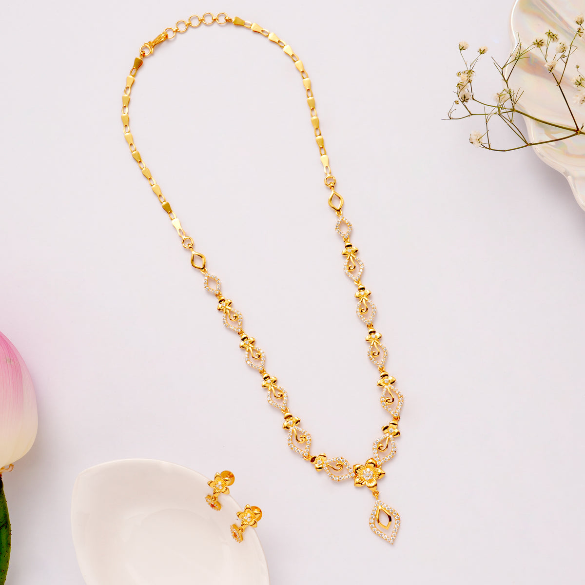 Floral White Stone Golden Necklace Set