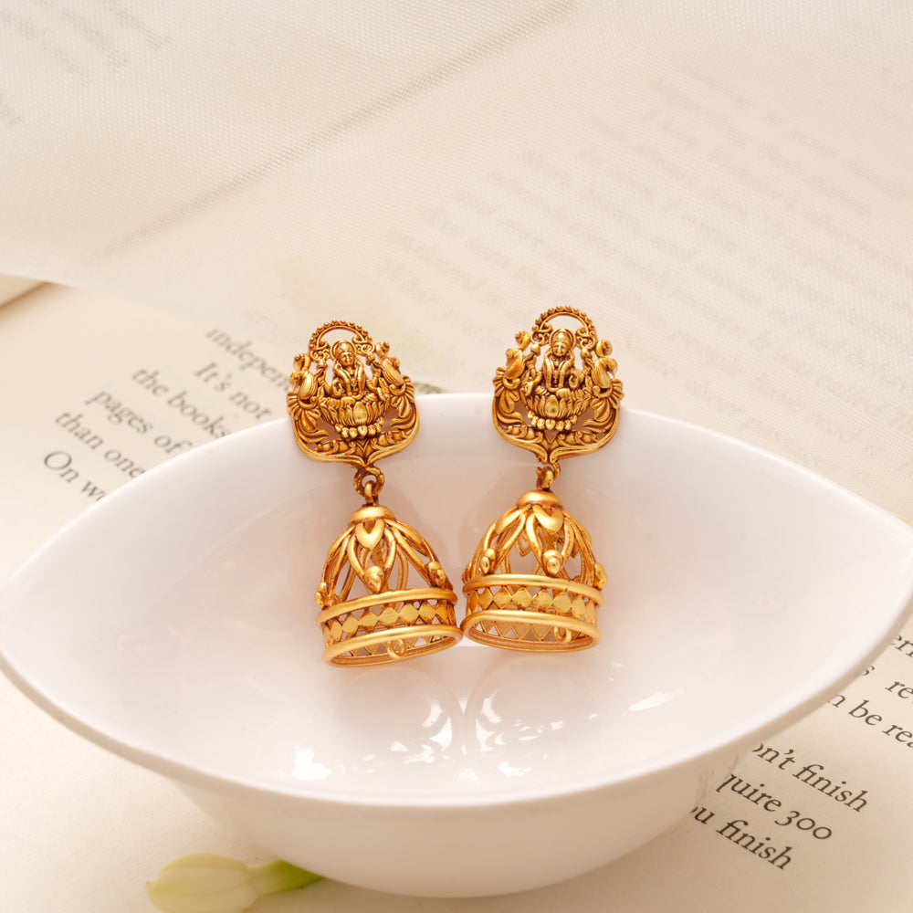 Goddess Nagas Lakshmi Bell Drop Golden Jhumkas