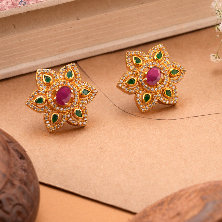 Ruby & Emerald with Flower Design Stud