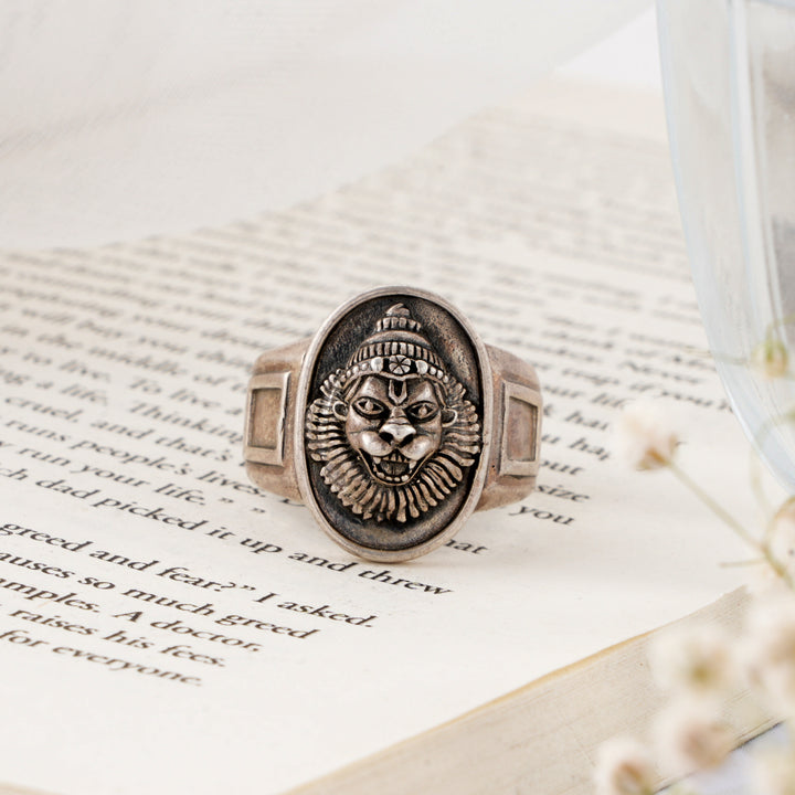 Black Enamel Narasimha Silver Ring