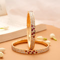 Glittering White and Pink Stone Golden Bangles