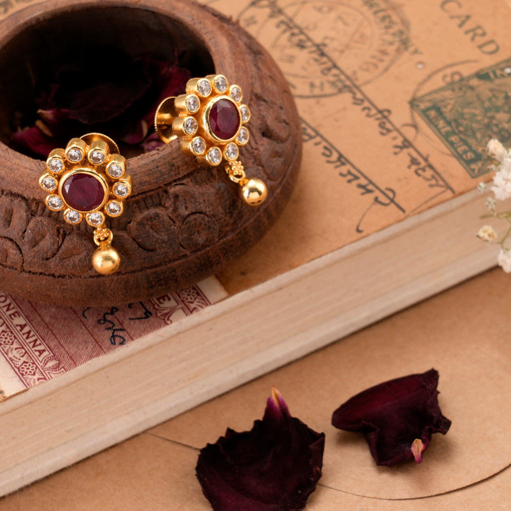 Ruby Flower Pattern with Golden Ball Earring