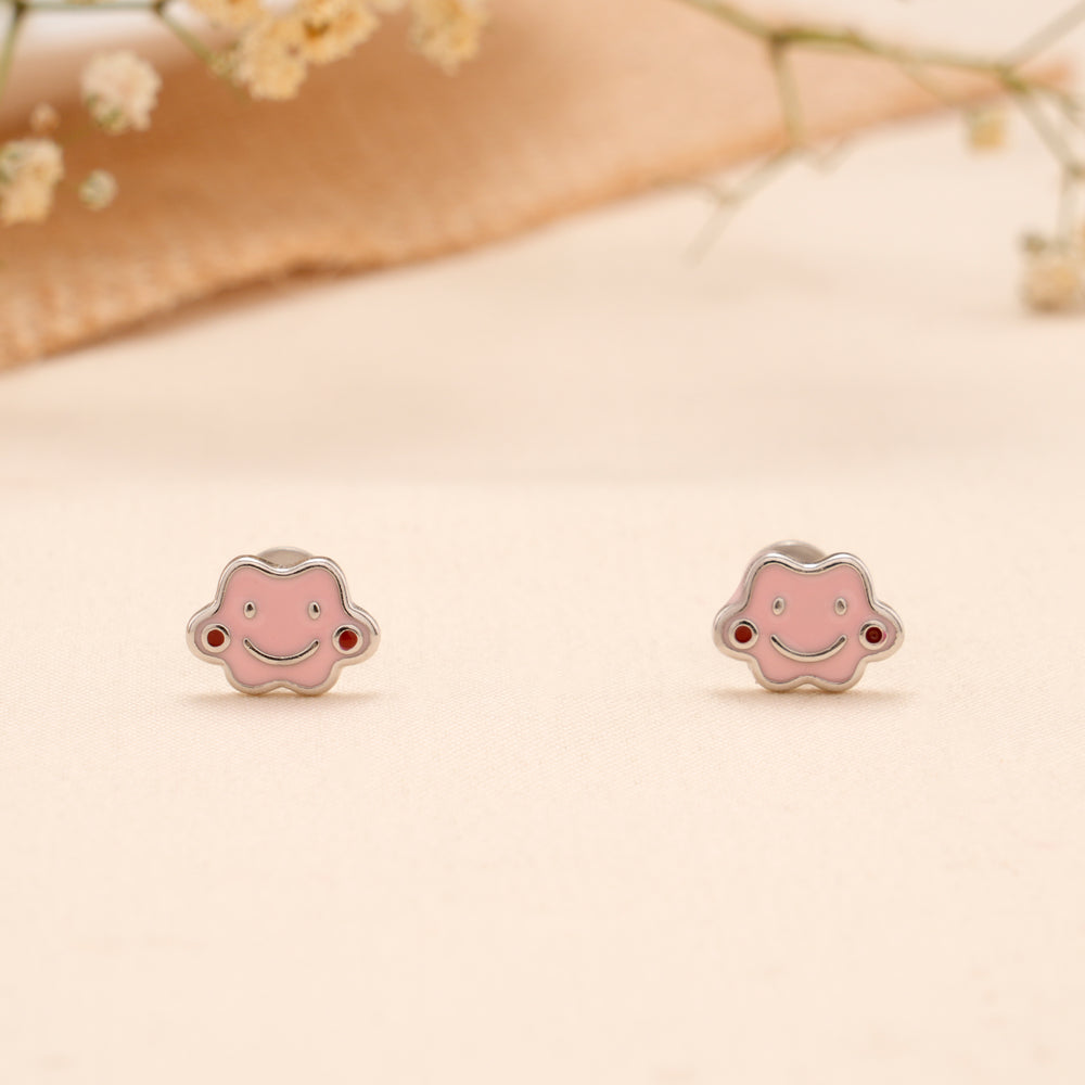 Pink Smiley Cloud Enamel Silver Stud