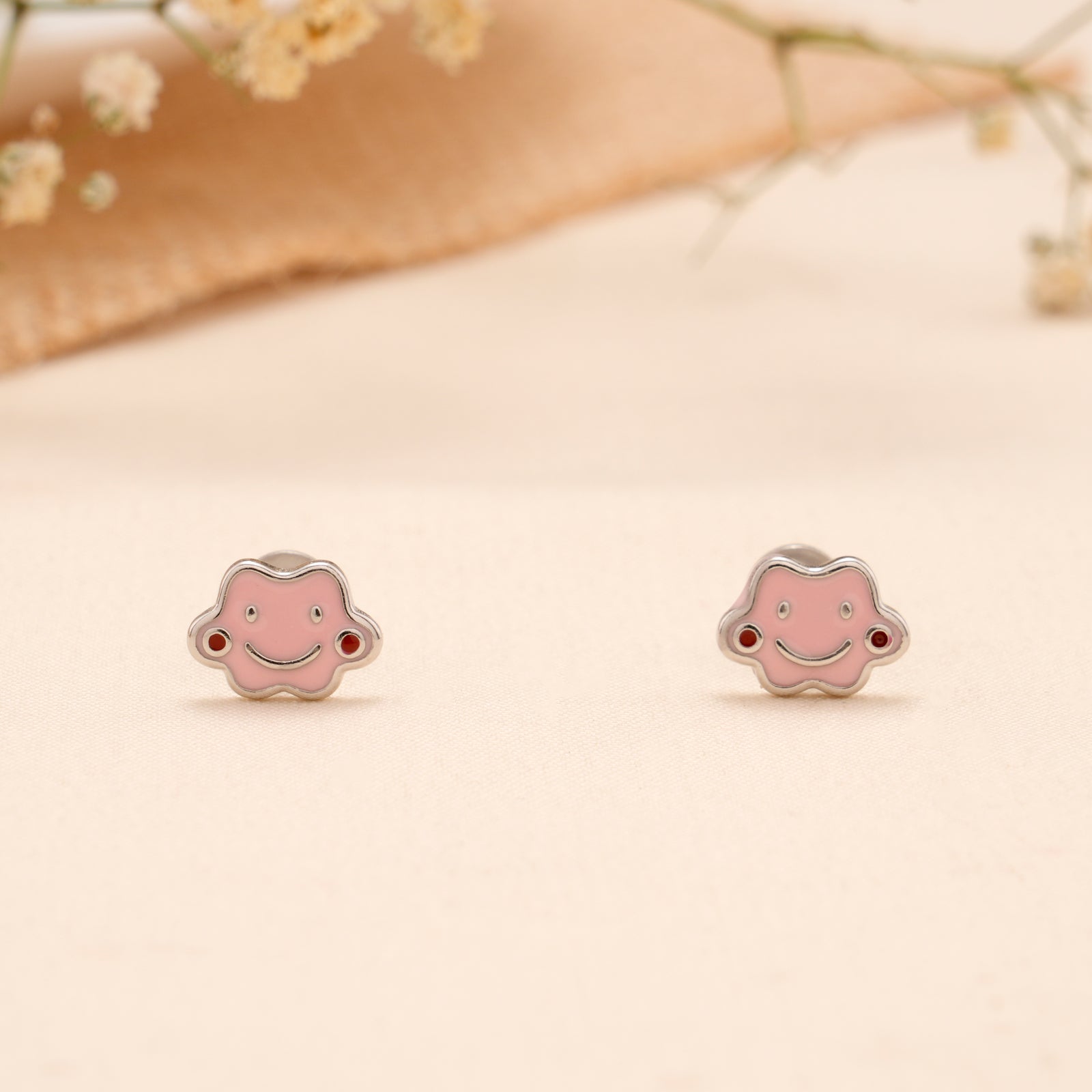 Pink Smiley Cloud Enamel Silver Stud