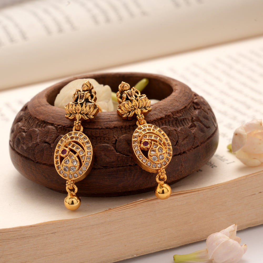 Goddess Lakshmi Devi with Stone Drops Golden Earrings