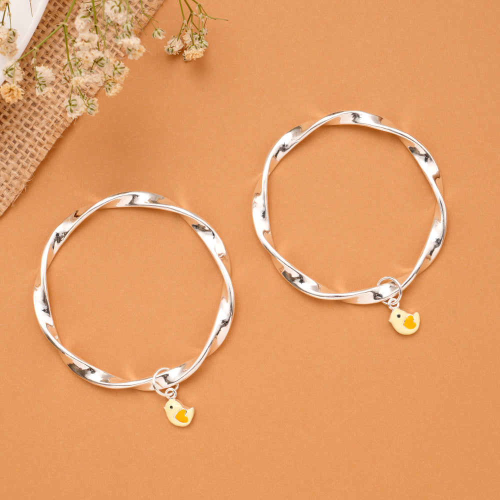 Twisted Silver Bangle with Duck Charm for Babies