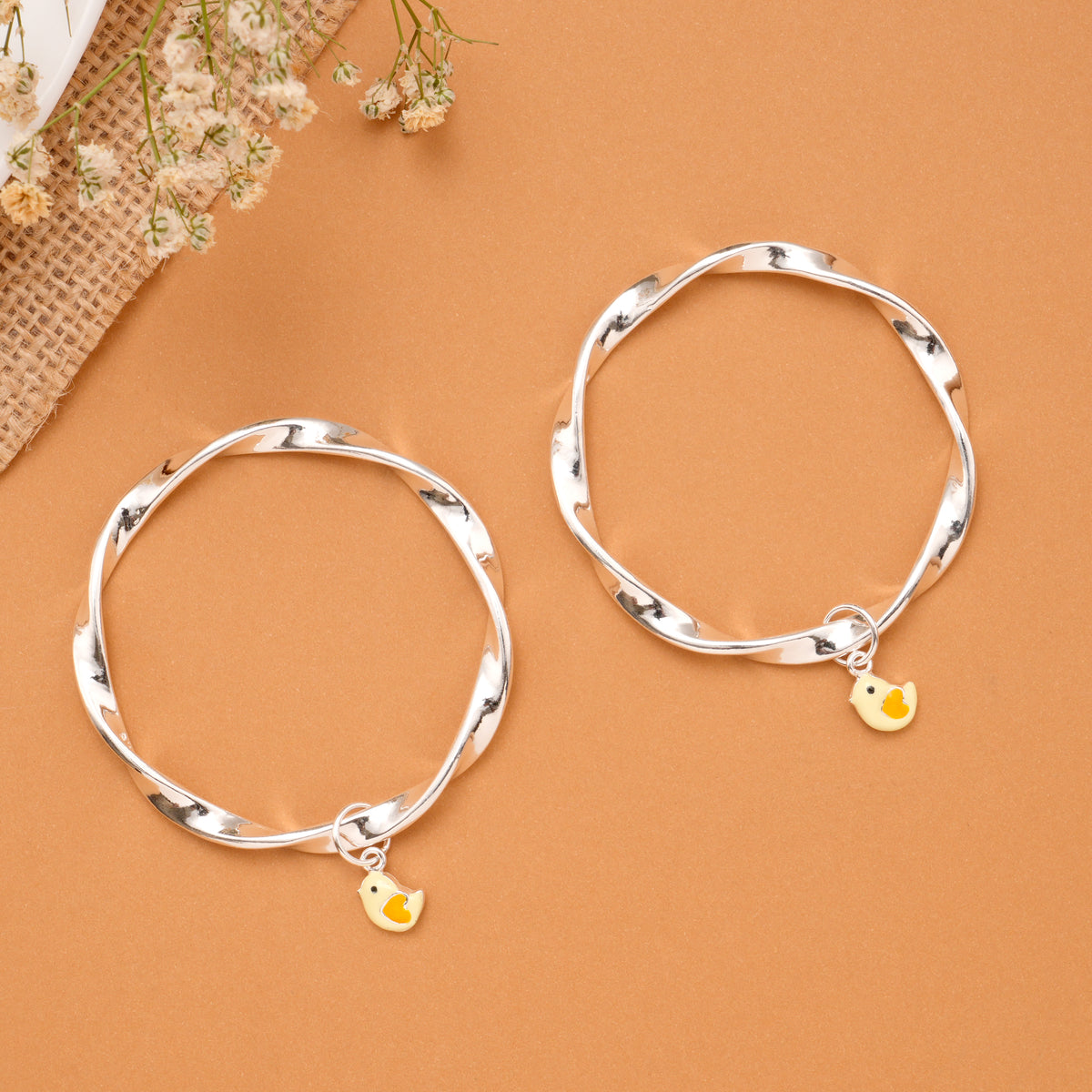 Twisted Silver Bangle with Duck Charm for Babies