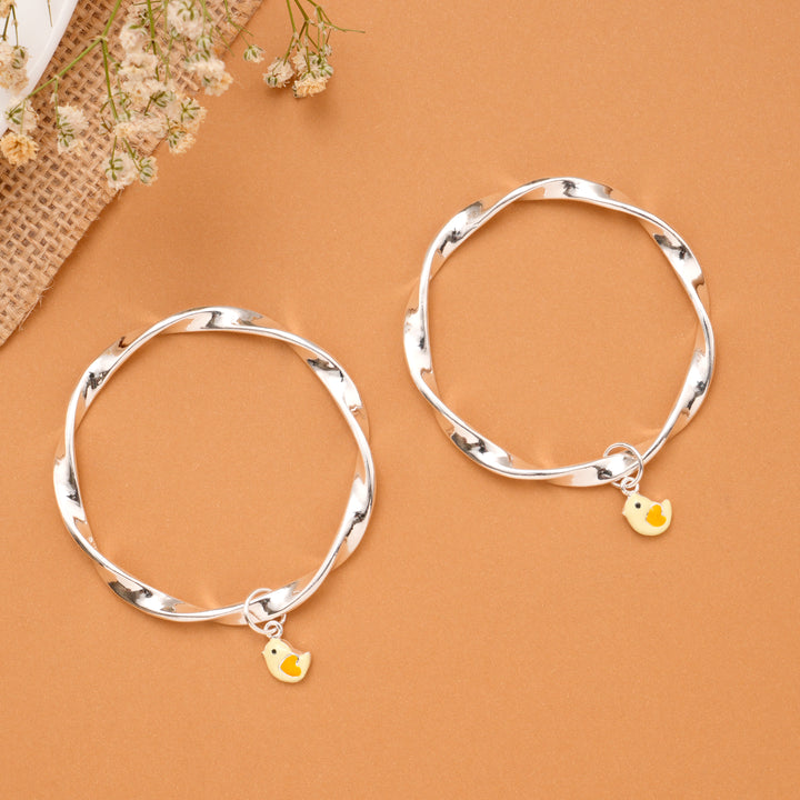 Twisted Silver Bangle with Duck Charm for Babies