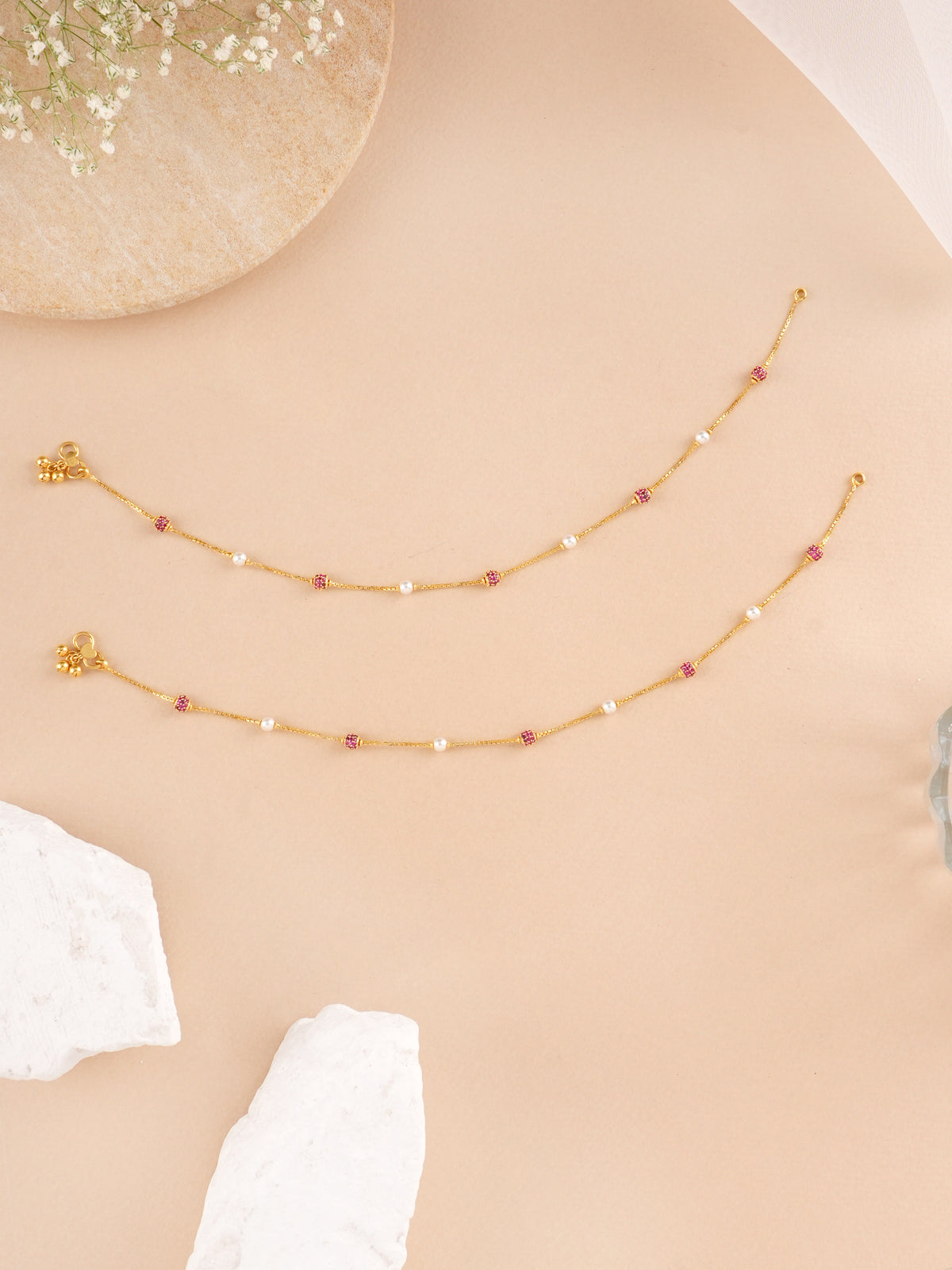 Ruby Ball and White Pearl Gold Anklet