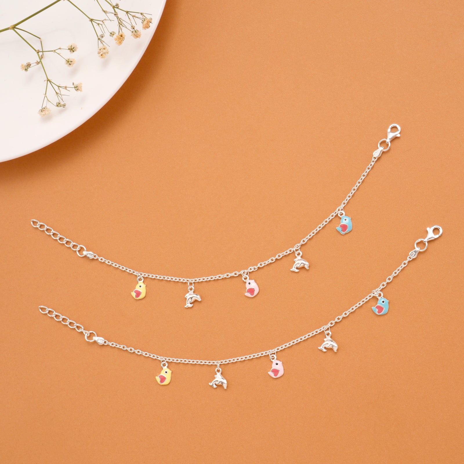 Colorful Birds Silver Baby Anklets