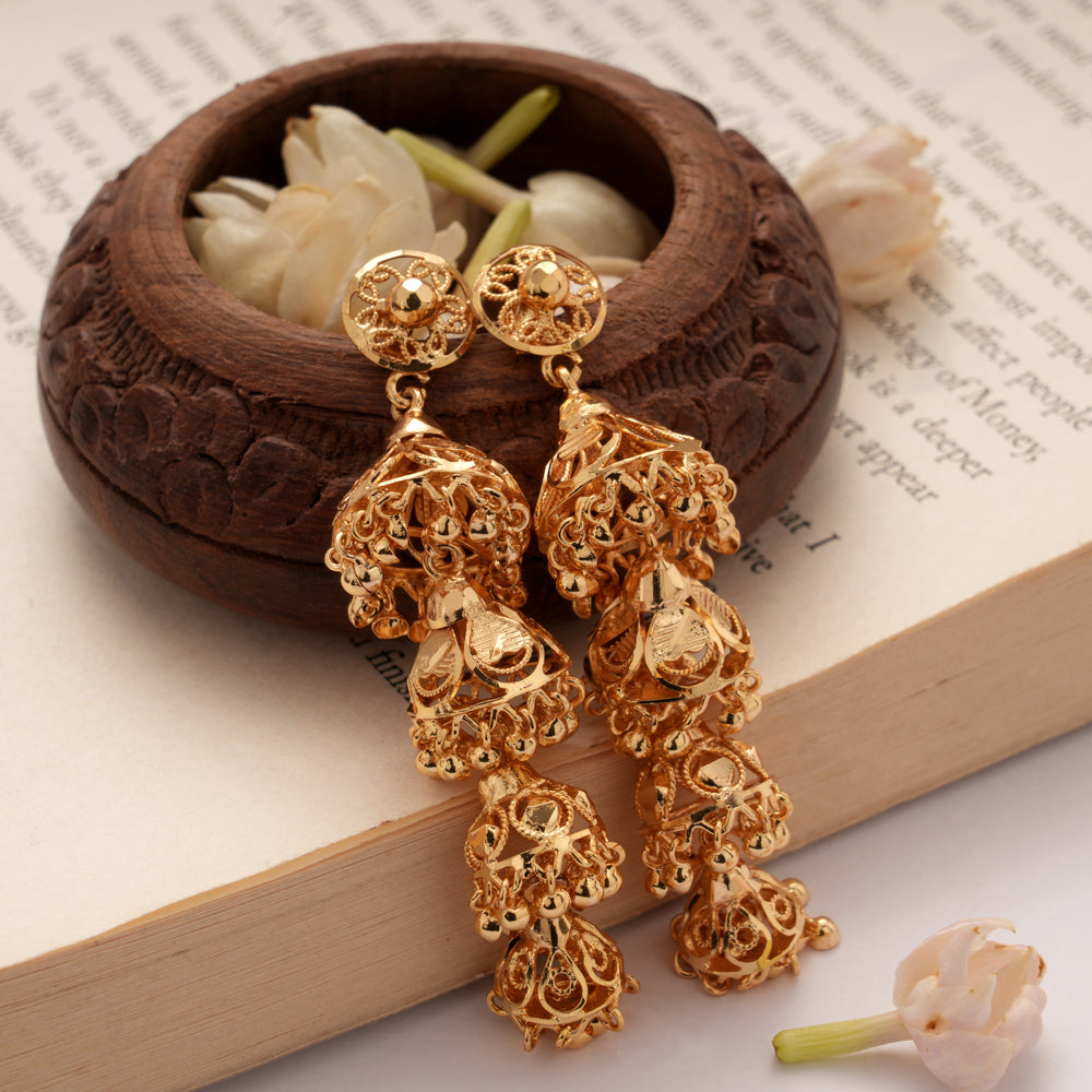 Tiny Golden Four Layer Design Jhumkas