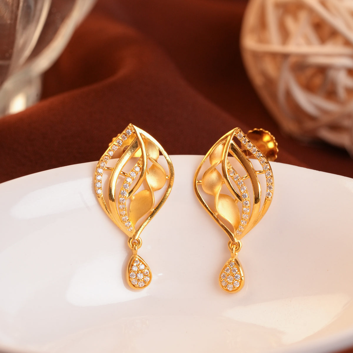 Gold Leaf Design Stud Earrings with Open Cut-Work and Tiny Drop