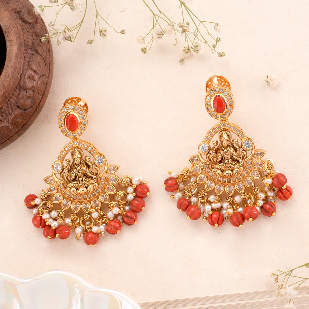 Nagas Lakshmi with Coral Beads Silver Earring
