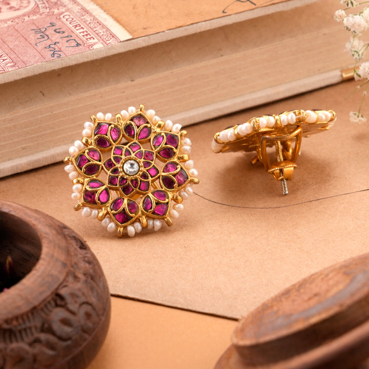 Sparkling Golden Ruby Kundan Stud