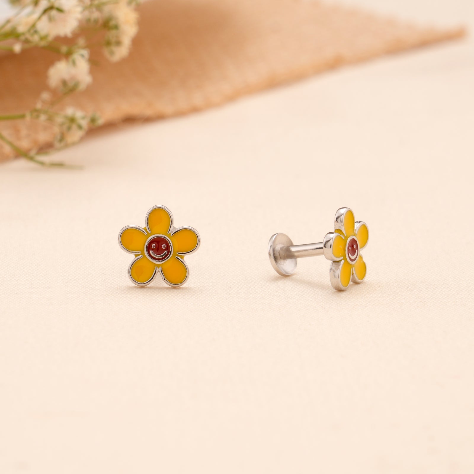 Yellow Smiley Flower Enamel Silver Stud