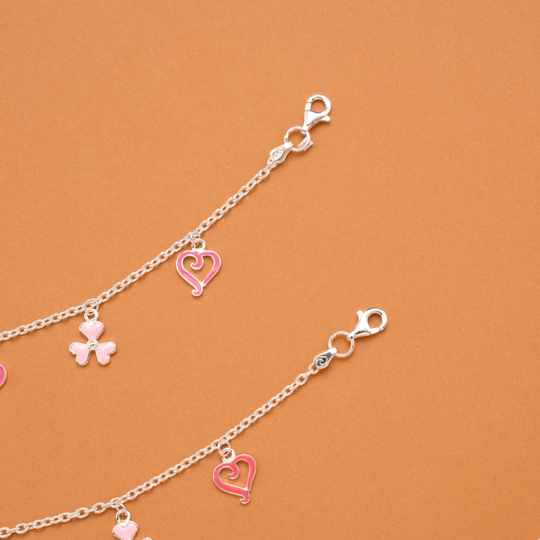 Clover and Heart Pink Enamel Silver Baby Anklets