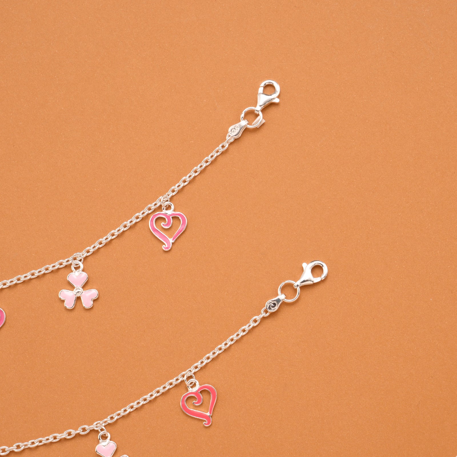 Clover and Heart Pink Enamel Silver Baby Anklets