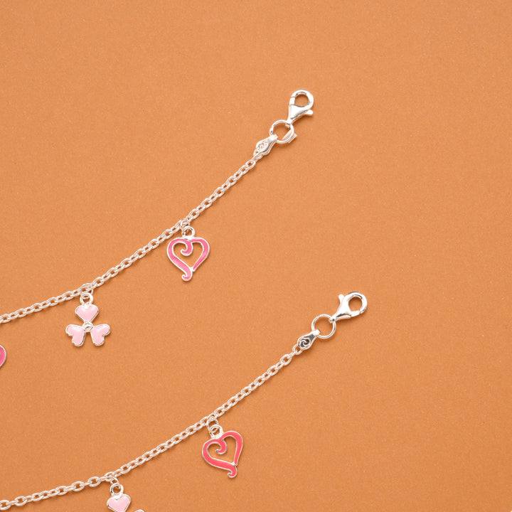 Clover and Heart Pink Enamel Silver Baby Anklets