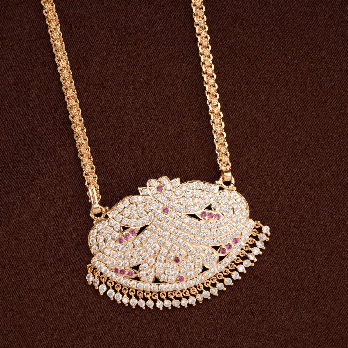 Floral Pendant White Stone Golden Chain