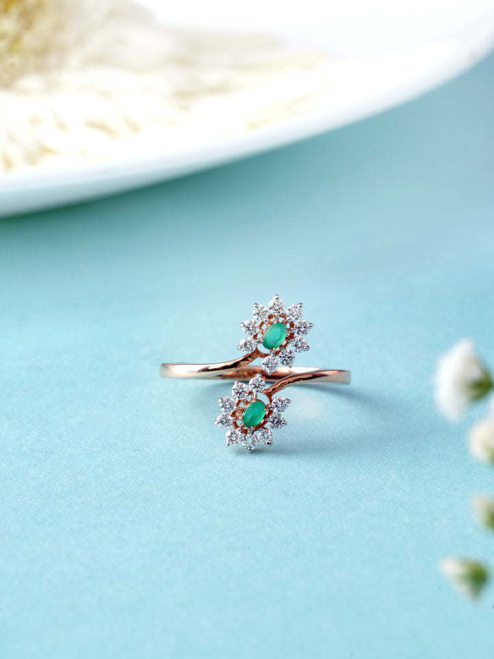 Emerald and Diamond Bypass Floral Ring