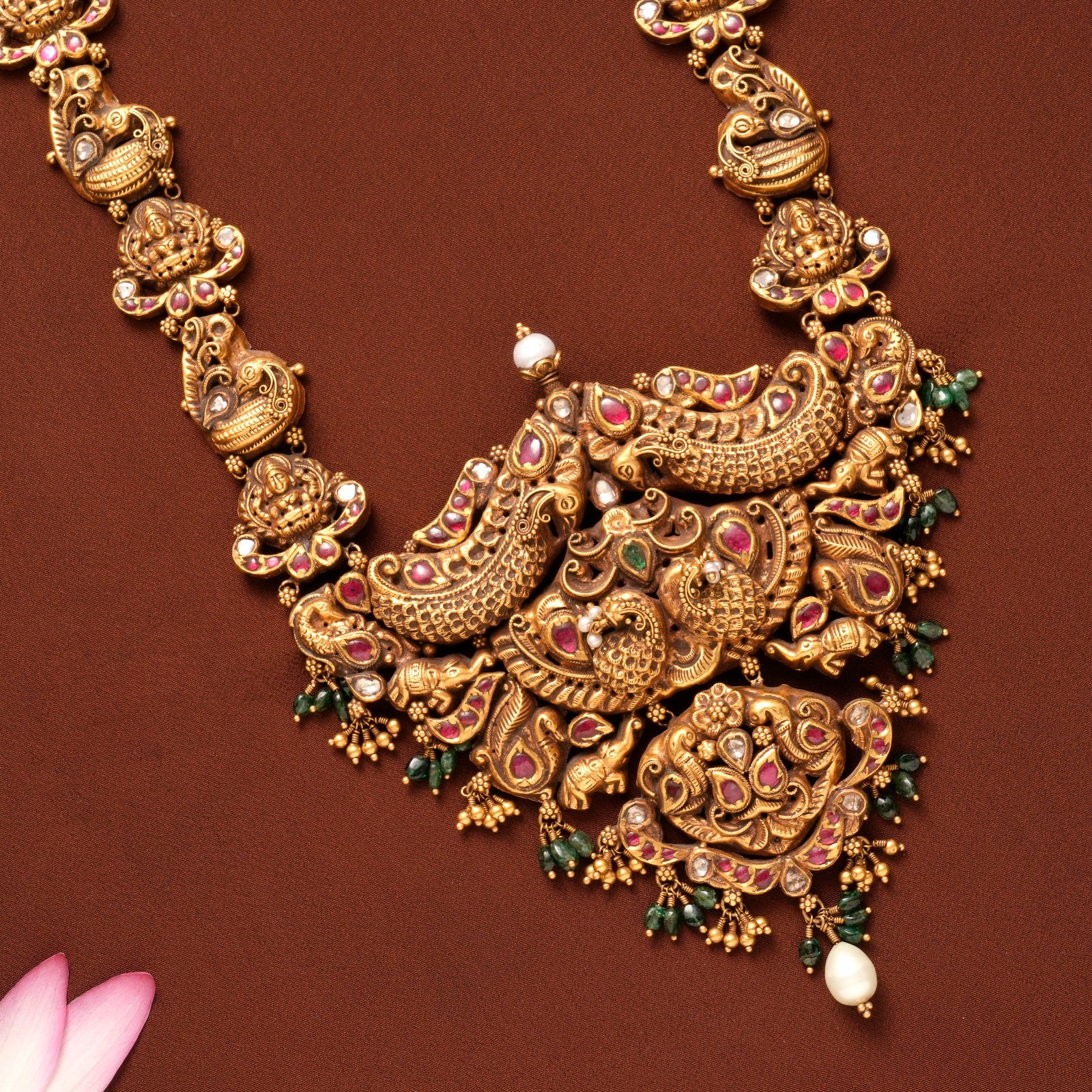 Antique Floral Ruby & Emerald Beads Gold Haram