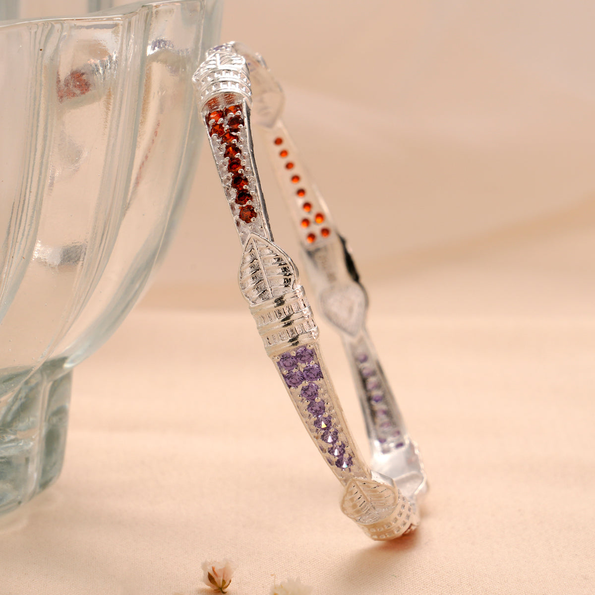 Red and Violet Stone Silver Bangle