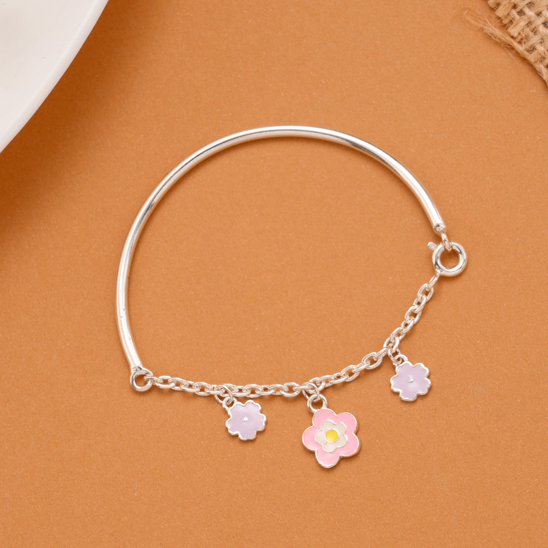 Pink Flower Enamel Silver Baby Bangle