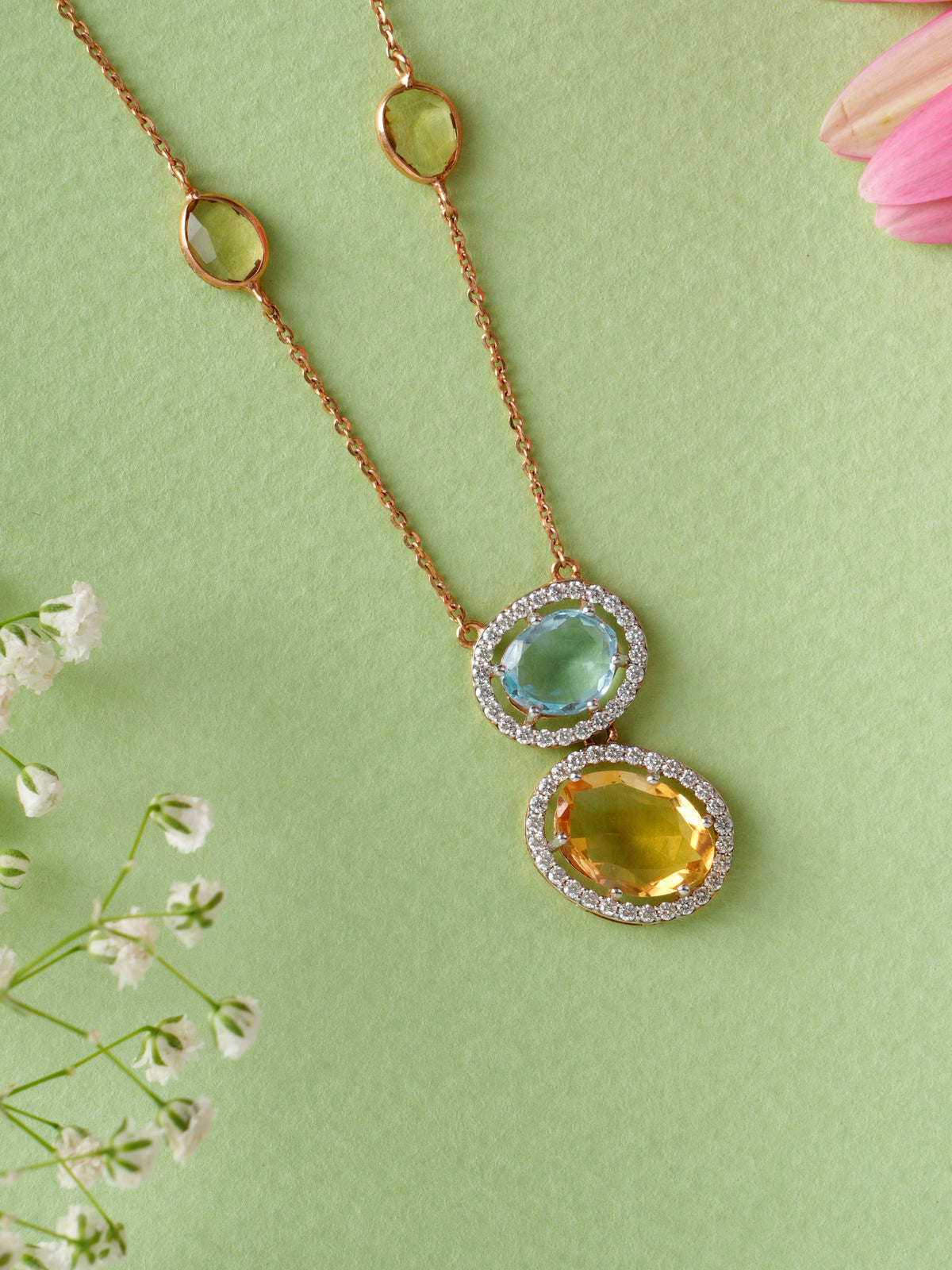 Yellow and Blue Sapphire Rose Gold Diamond chain