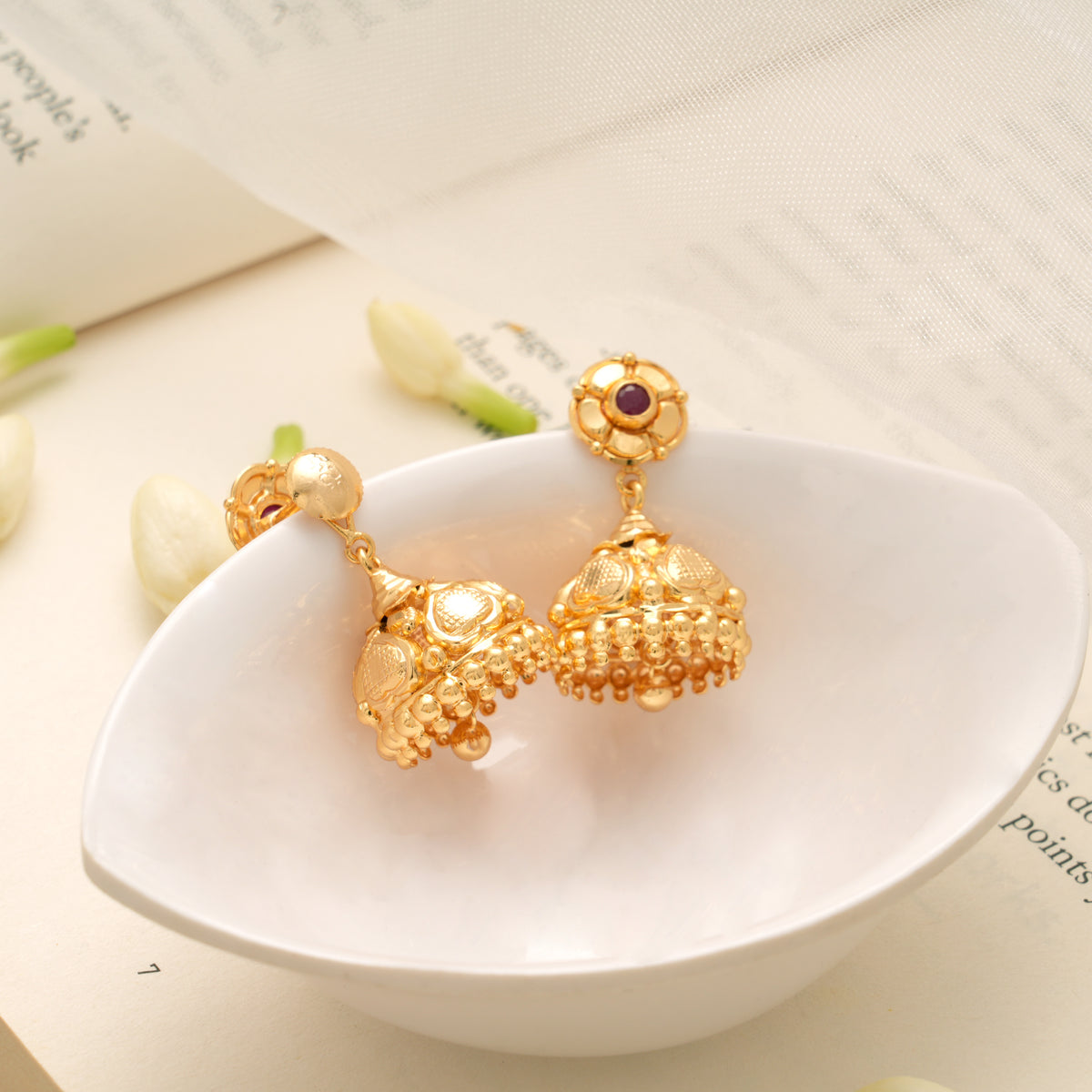 Vintage Floral Drop Golden Jhumkas