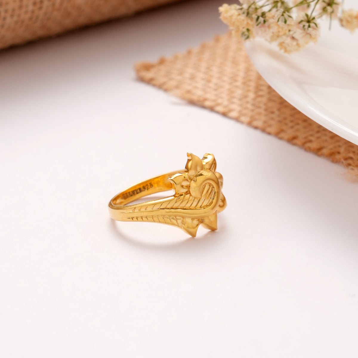 Leafy Feather Design Golden Ring