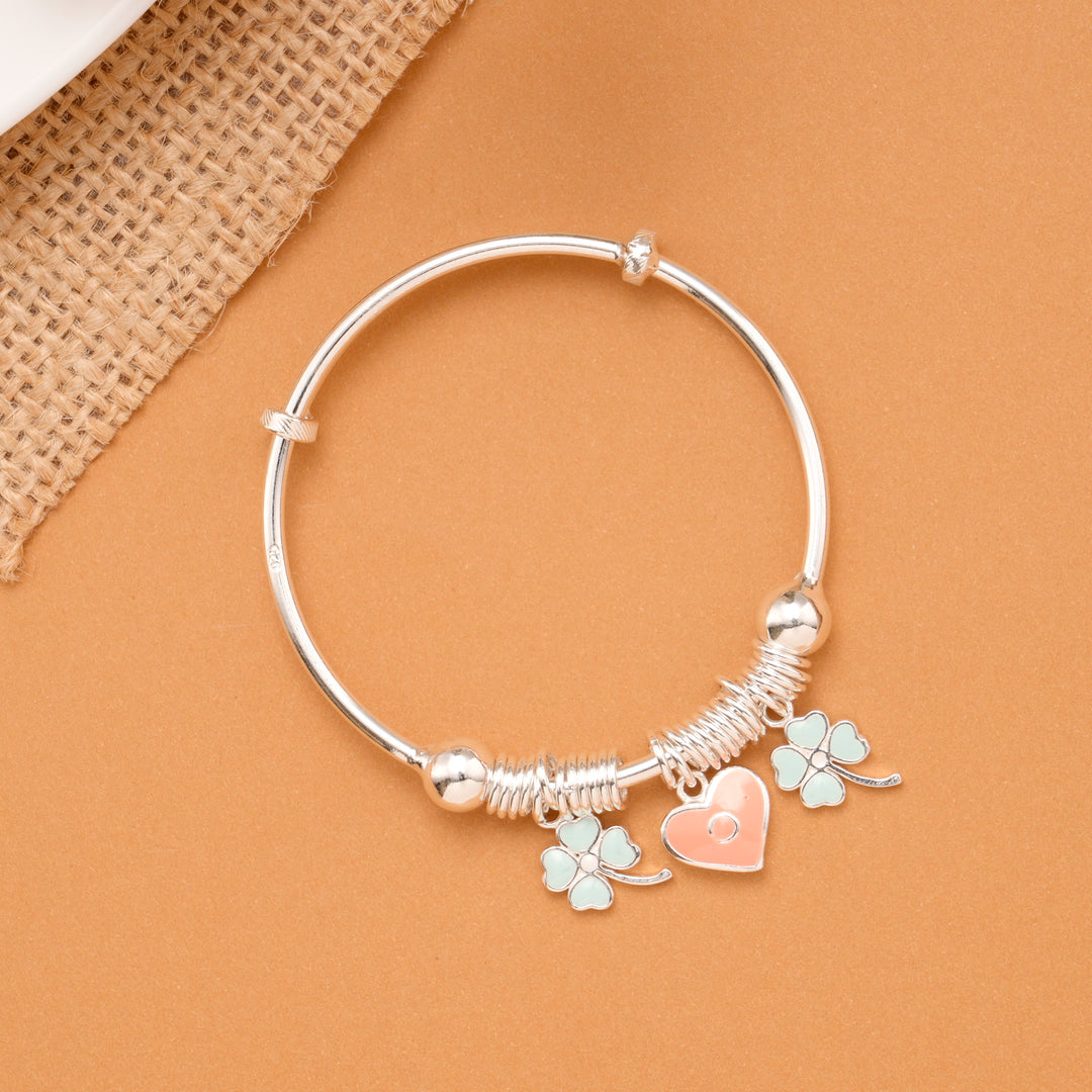 Clover & Peach Heart Charm Baby Silver Bangle