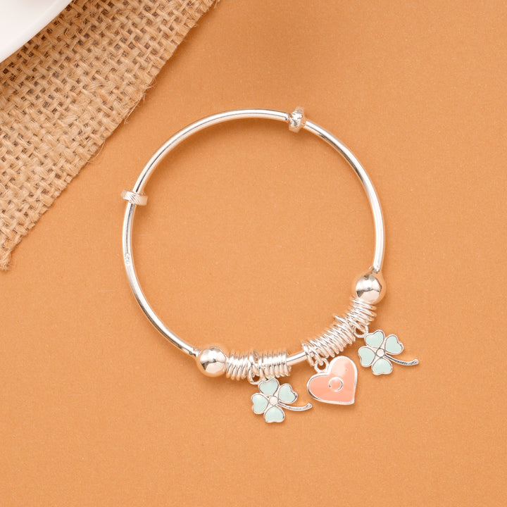Clover & Peach Heart Charm Baby Silver Bangle