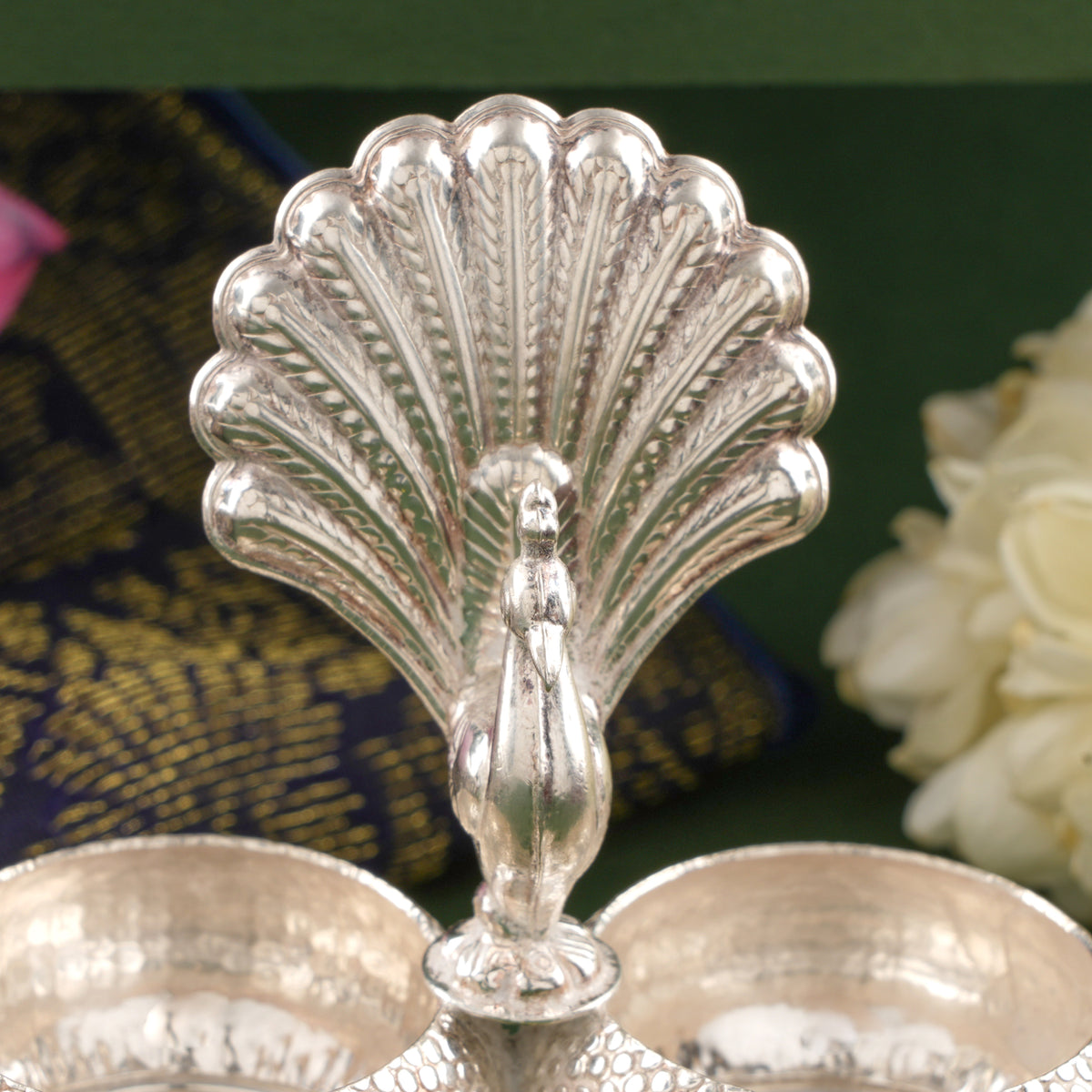 Silver Haldi Kumkum with Peacock Pattern