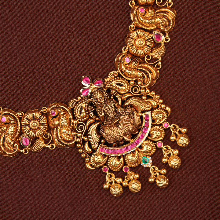 Antique Ruby Lakshmi with Emerald Gold Necklace