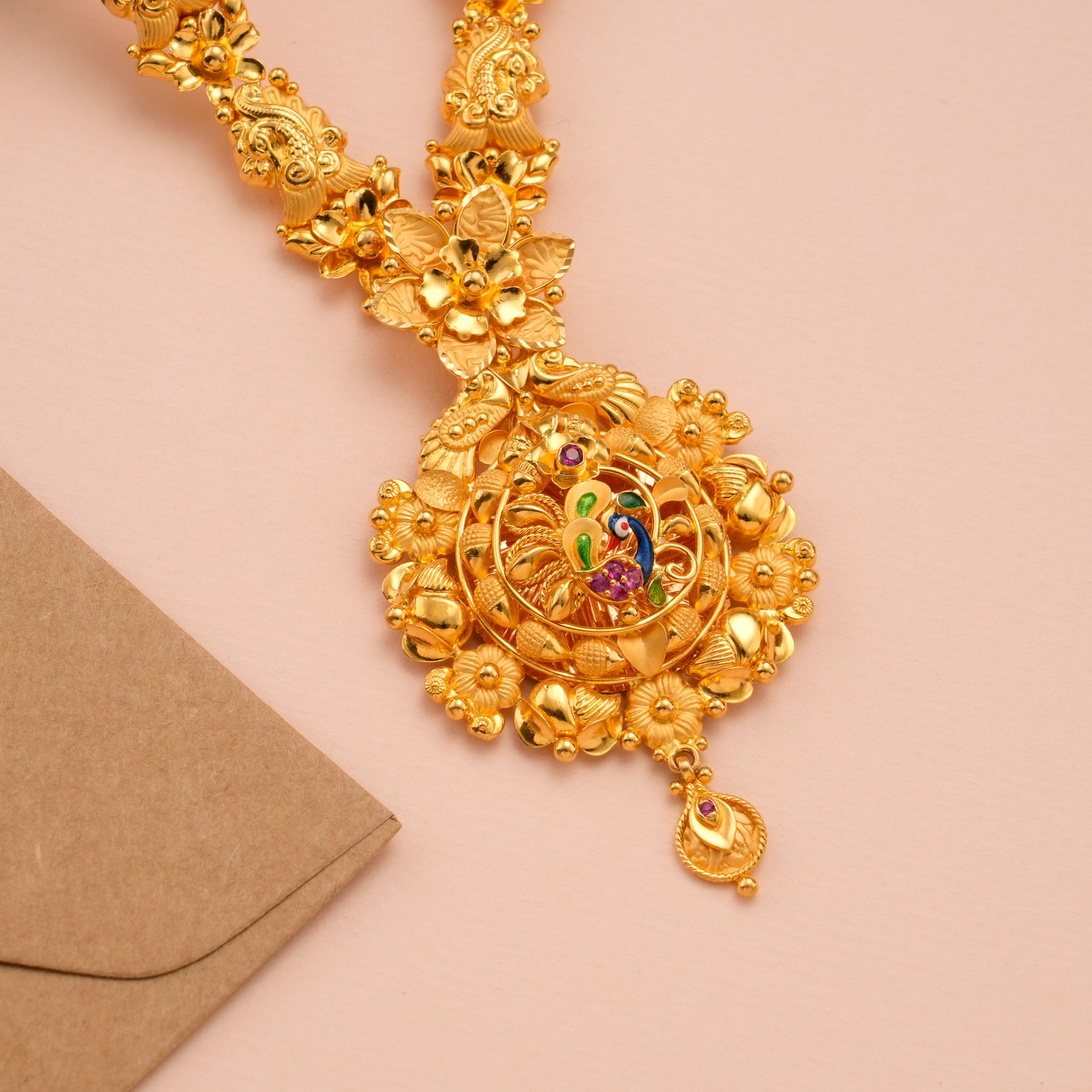 Peacock Design Raindrop Gold Necklace