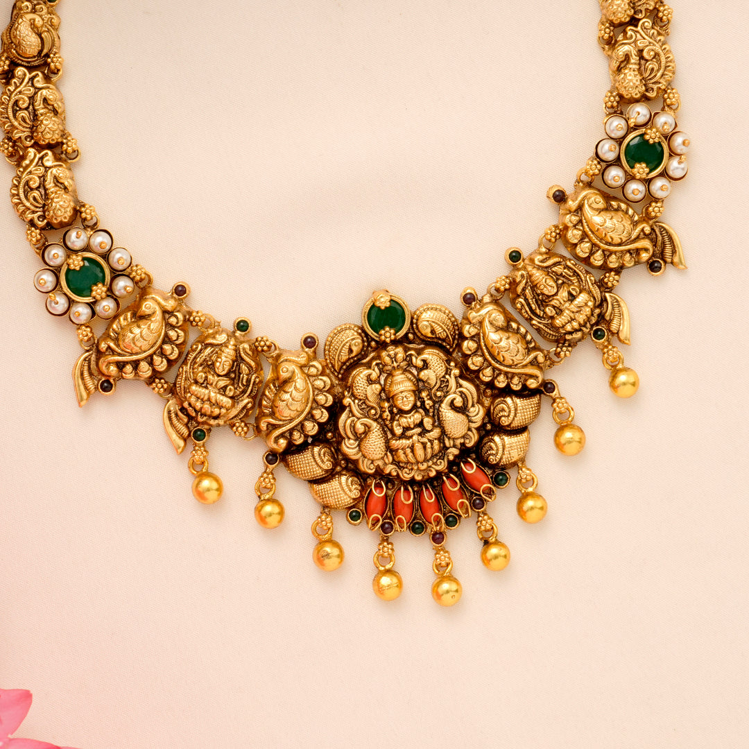 Antique Emerald Lakshmi Golden Drop Necklace