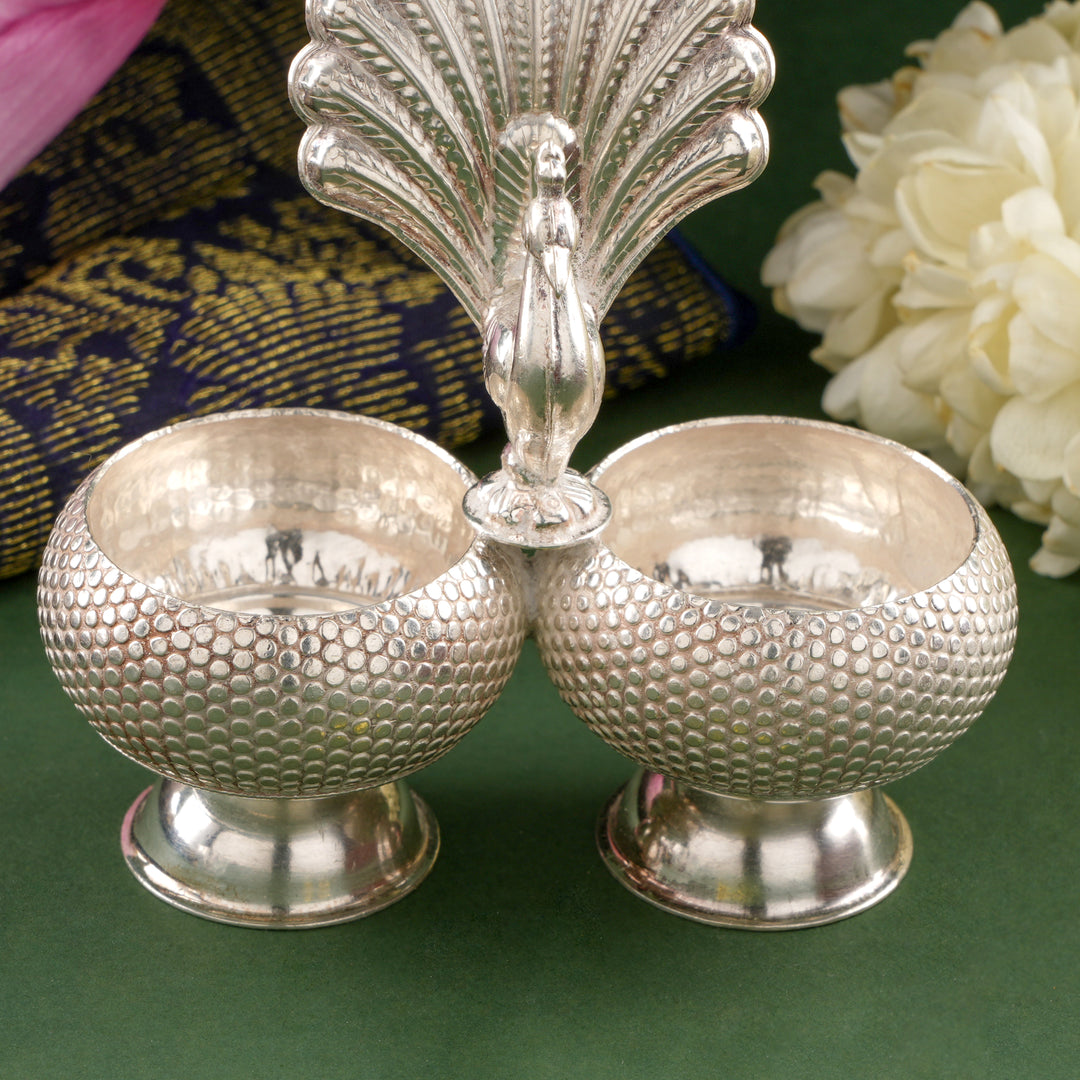 Silver Haldi Kumkum with Peacock Pattern
