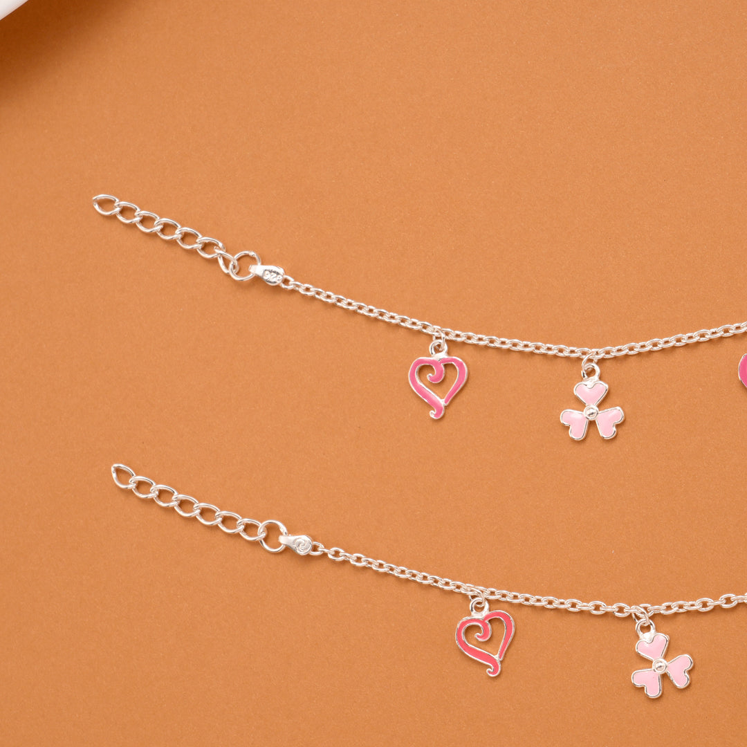 Clover and Heart Pink Enamel Silver Baby Anklets