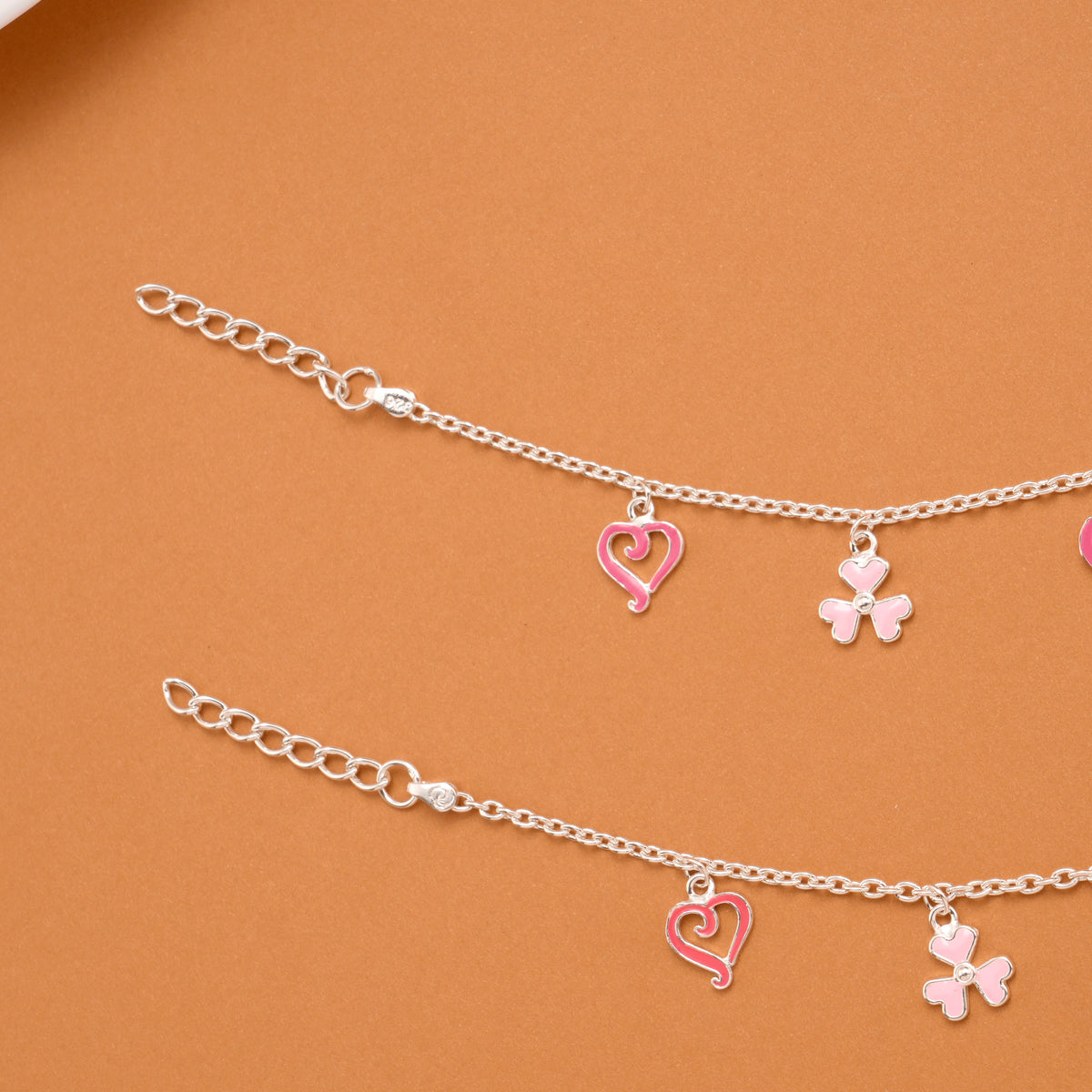 Clover and Heart Pink Enamel Silver Baby Anklets