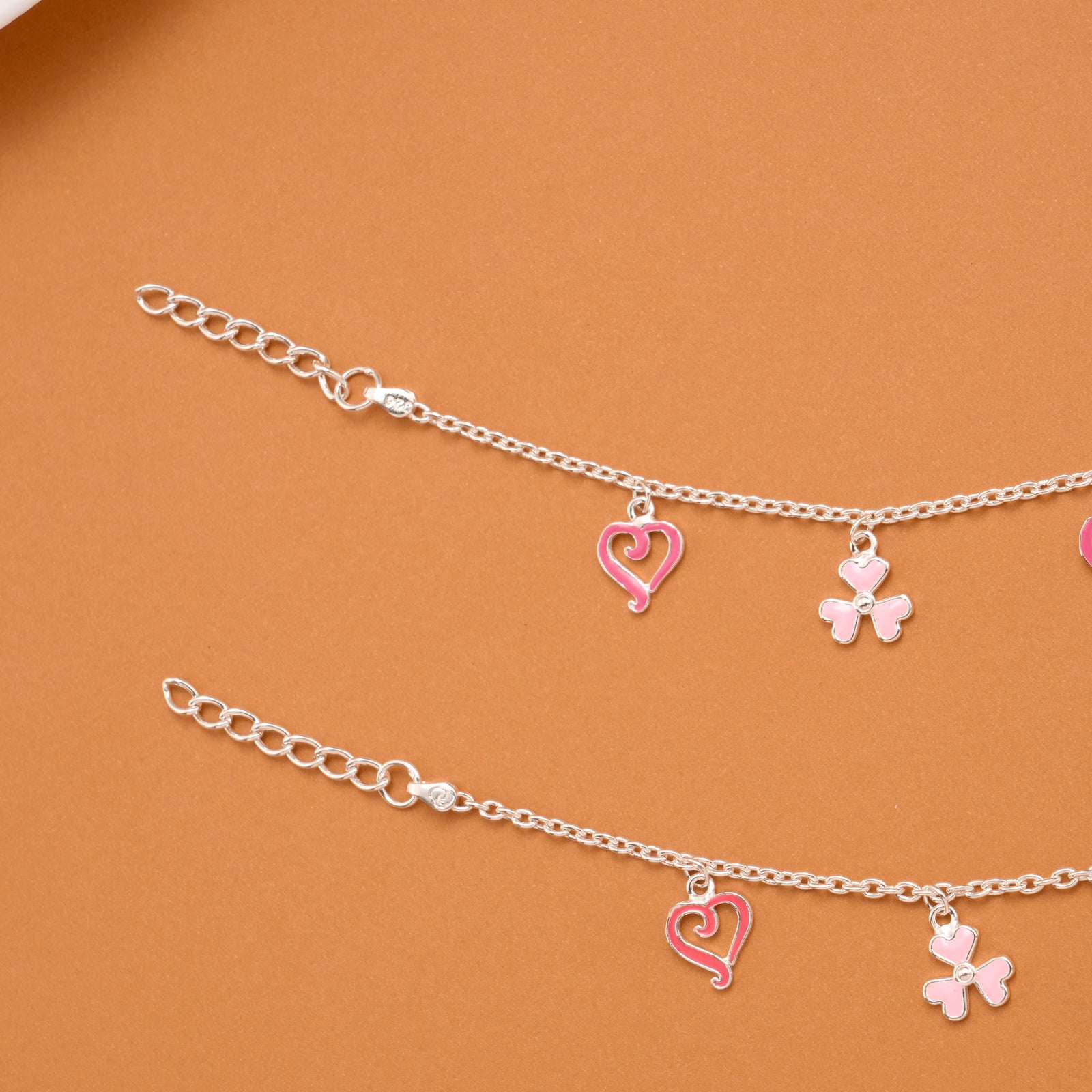 Clover and Heart Pink Enamel Silver Baby Anklets