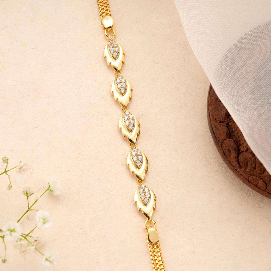 Classic Leaf White Stone Golden Bracelet