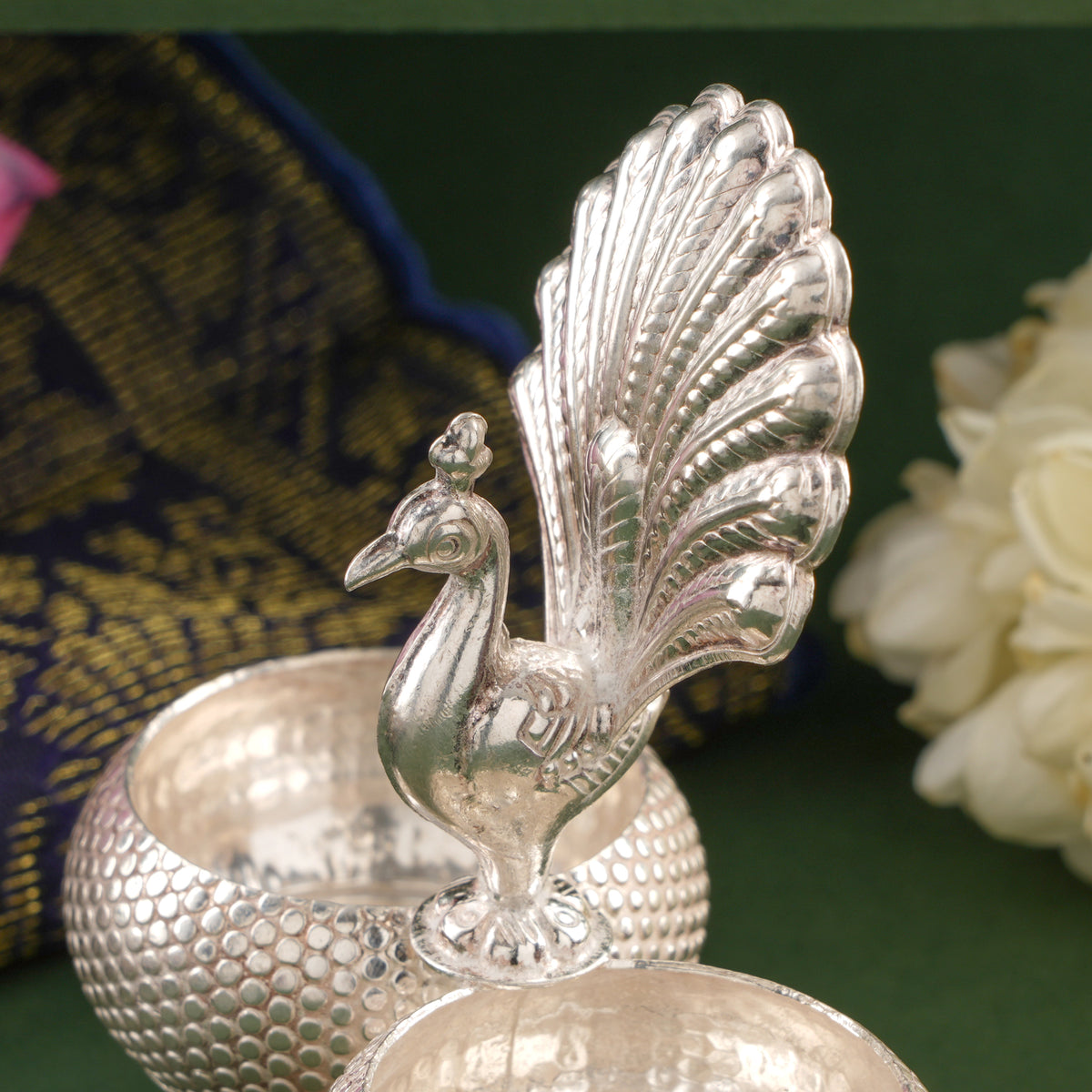 Silver Haldi Kumkum with Peacock Pattern