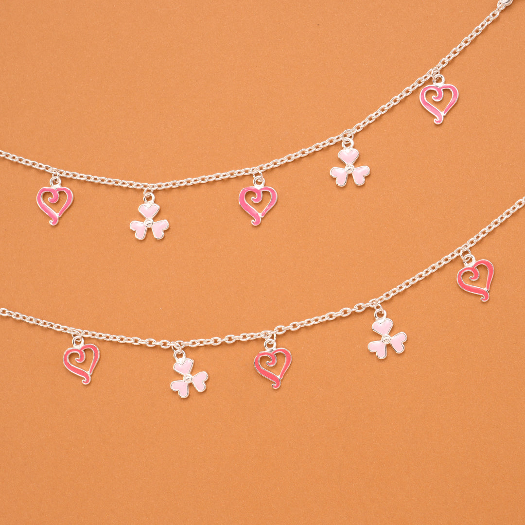 Clover and Heart Pink Enamel Silver Baby Anklets