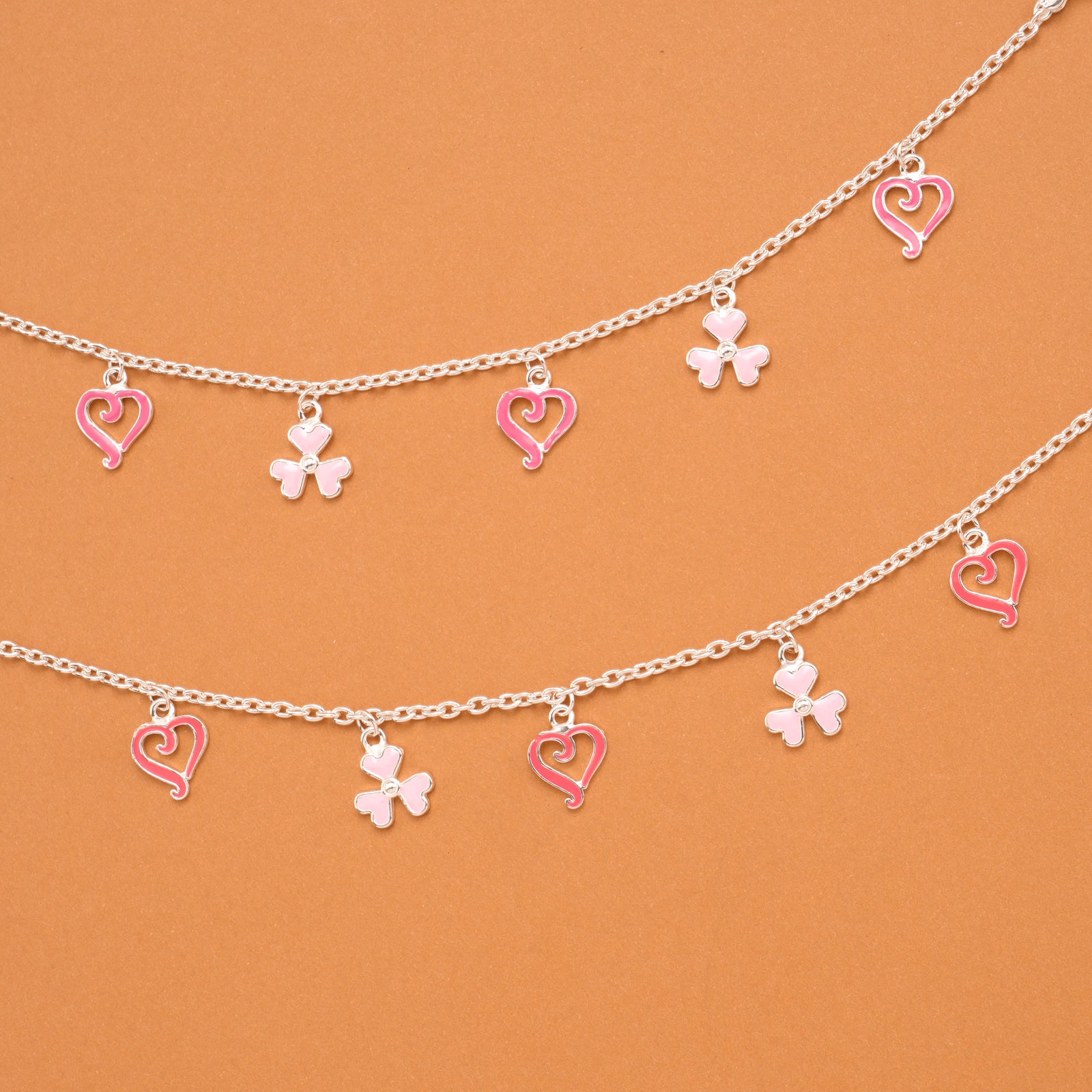 Clover and Heart Pink Enamel Silver Baby Anklets