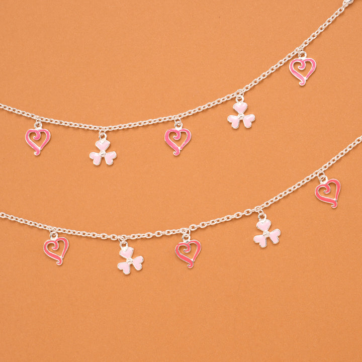 Clover and Heart Pink Enamel Silver Baby Anklets
